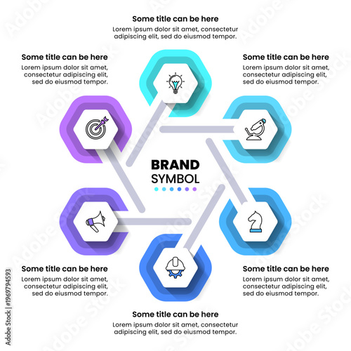 Infographic template. Hexagon with 6 icons and title in the middle