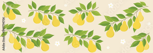 Rustic Pear Branch Banner with Green Leaves Soft Botanical Fruit Background for Kitchen Branding Packaging and Seasonal Design