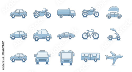 Transportation Icons Set: Car, Bus, Bike, Motorcycle, Airplane