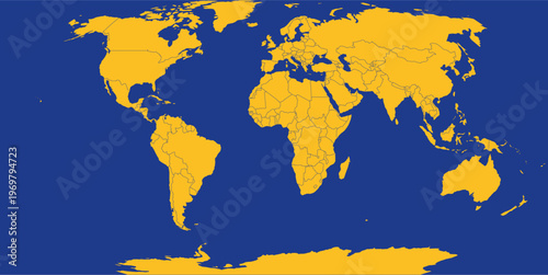 World map: yellow continents on blue background, flat vector illustration, global concept.