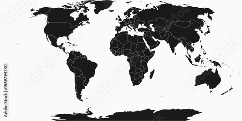 Political world map: black continents on white background, minimalist vector illustration, isolated.