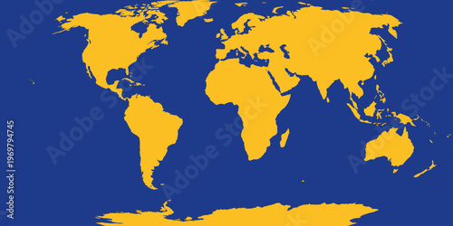 World map: yellow continents on blue background, flat vector illustration, global concept.
