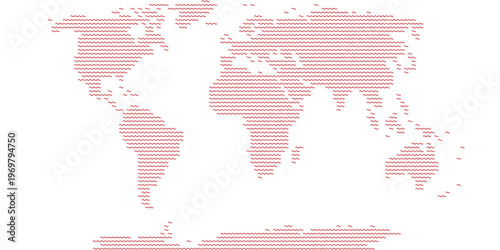 World map composed of horizontal red lines: global geography, digital technology style, vector illustration.