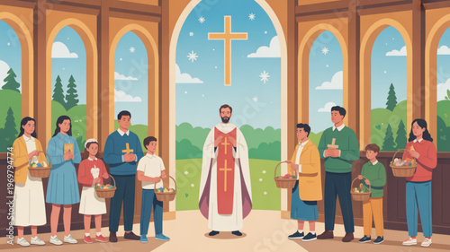 Family and priest standing in church with baskets for communion or eucharist on a sunny day with a cross and arched windows
