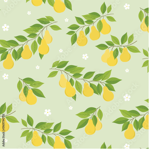 Seamless Pear Branch Pattern with Green Leaves Soft Botanical Fruit Design for Textile Wallpaper Kitchen Decor and Wrapping Paper