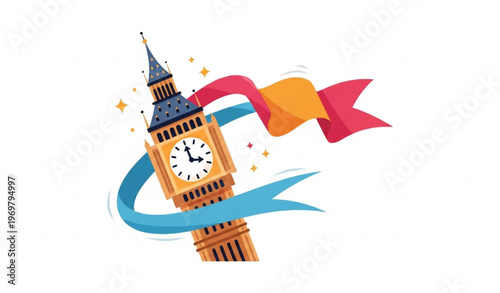 Cartoon Big Ben clock tower with waving flag looping animation cute vector illustration isolated white