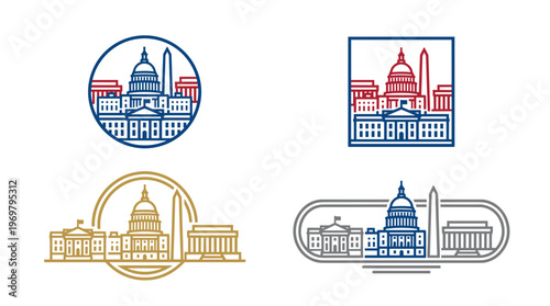 Washington DC skyline vector icons in colored outline badge designs featuring the Capitol, White House, and Washington Monument for patriotic American tourism graphic elements.