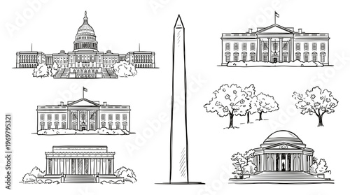 Washington DC skyline vector collection in hand drawn sketch style featuring capitol white house monument and memorials with trees for vintage historical american tourism designs