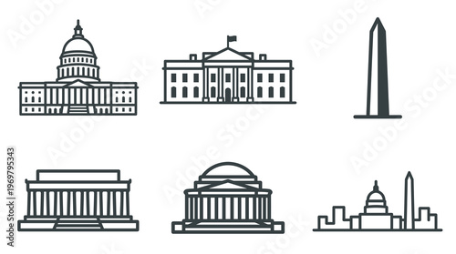 Washington DC skyline vector icons set with thick dark line art style showing famous USA government buildings like capitol white house and lincoln memorial for patriotic designs