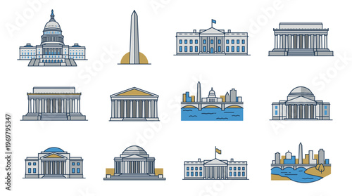 Washington DC skyline vector illustrations with colorful outline landmarks including capitol building white house and monument for travel tourism and architectural design concepts