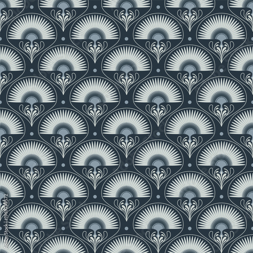 An exquisite seamless pattern in the Art Nouveau style. The strict symmetry of Art Deco style. Suitable for accent wallpaper in interiors, luxury textiles, or limited-edition packaging for perfumes an