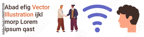 Business relationships, digital communication, networking, wireless technology, connectivity, team collaboration. Two people shaking hands, wireless symbol human profile. Business relationships