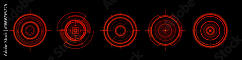 Futuristic HUD target interface with circular radar display, abstract vector set of icons isolated on black background. High-tech neon red graphic elements for sci-fi games, military system