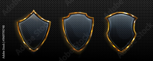 3d transparent glass shields with protective gold metal frame, realistic light effect, vector icons isolated on background for security design. Guard badge with clean texture, safety emblem, insurance