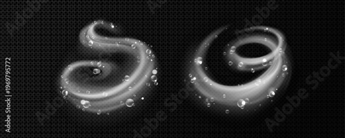 Dynamic water swirls with foam bubbles, fresh vortex effect, set of vector illustrations isolated on transparent background. Clean detergent wave with realistic 3D liquid motion