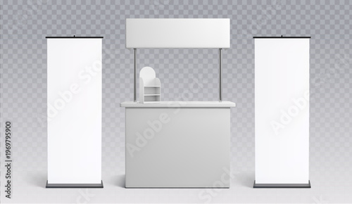3d realistic trade show booth mockup with blank banners, display panel and counter, vector template isolated on transparent bg. Exhibition stand presentation, promotional event design in render style