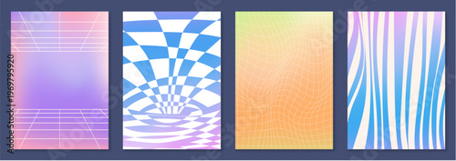 Abstract y2k posters set with distorted effect and wireframe pattern on rainbow gradient background. Vector illustration of futuristic wallpaper, neon blue, yellow, purple grid mesh, trendy backdrop