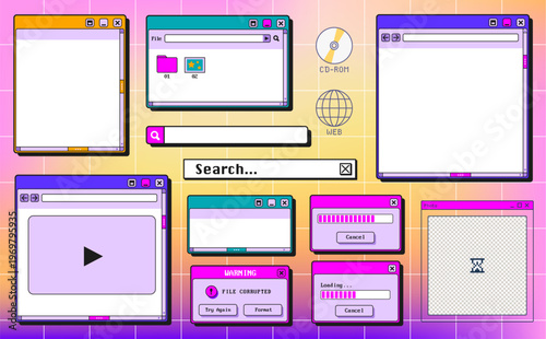 Retro Y2K computer window interface. Vector illustration of retro OS folder icons, media player, search bar, message box, vintage desktop UI, classic 90s operating system, nostalgic digital frames