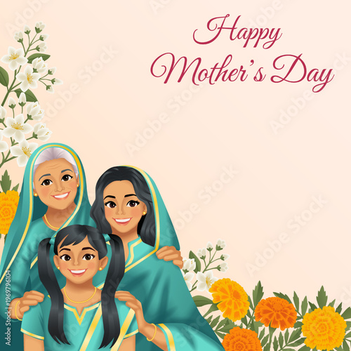 Mothers day square vector illustration with three generations of Indian women: grandmother, mother and daughter on floral background with copy space.