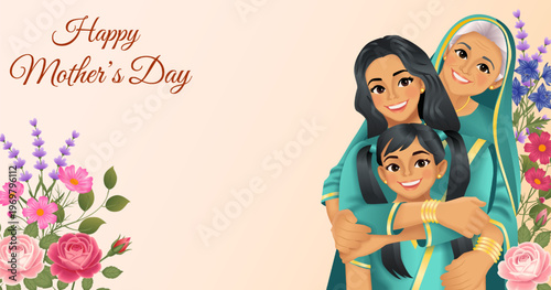 Happy Mothers day horizontal vector illustration with three generations of Indian women on floral background with copy space.