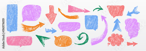 Colorful crayon texture speech bubbles, hand drawn thinking cloud shape and scribbles. Abstract vector graphics elements, dialog balloons, pencil spiral arrows for creative design projects.