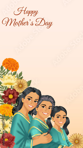 Happy Mothers day vertical vector illustration with three generations of Indian women hugging on floral background with copy space.