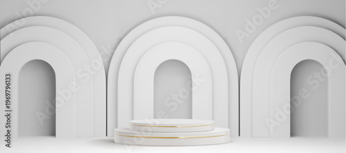 White 3D podium with elegant arch backdrop, realistic vector background. Minimalist product display platform for luxury presentations in clean studio room, soft shadows. Empty pedestal with gold line