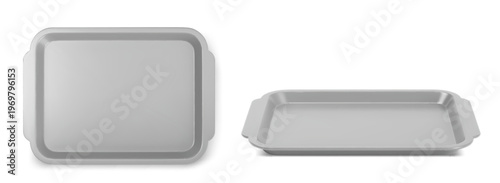 Empty plastic lunch tray with handles for cafeteria meals, top side view, 3D realistic vector illustration isolated on white background. Grey isometric mockup for fast food service design
