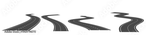 Winding road vector illustration with curved asphalt highway path with white lane markings, icon set isolated on background. Perspactive view of street journey route for map design.