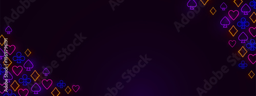 Neon online gambling casino border, color poker card signs glowing on dark background. 3D Vegas blackjack game banner with futuristic design and outline symbols, vector illustration