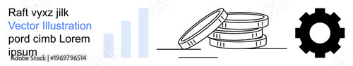 Business strategy, financial planning, economic growth, data analysis, investment ideas, digital economy. Bar chart, coin stack and gear graphic in a minimal linear style. Business strategy