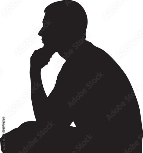 Black silhouette, man sitting, thinking pose, profile view, vector illustration