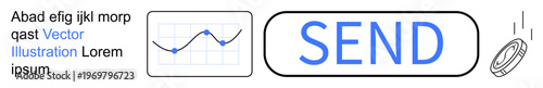 Data visualization, communication, technology, digital interaction, online tools, email messaging. Graph chart, send button and falling coin artwork. Data visualization and communication concept