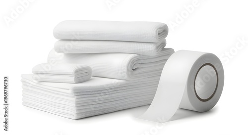 Stack of White Medical Bandages with Surgical Tape – Injury Care, First Aid and Recovery Concept Isolated on White Background