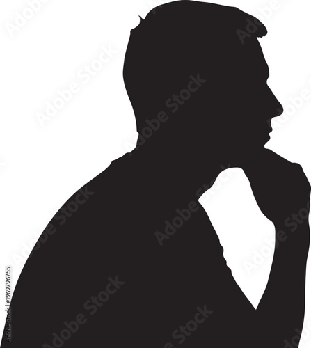 Black silhouette, man thinking, profile view, hand on chin, vector illustration