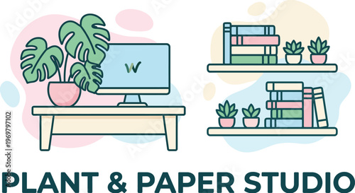 Plant & Paper Studio Modern Vector Illustration of Desk with Computer Monitor and Bookshelf with Potted Plants