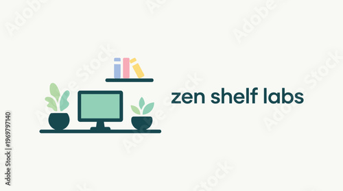 Zen Shelf Labs Modern Vector Illustration of Minimal Desk Setup with Computer, Plants and Bookshelf