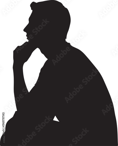 Black silhouette, man thinking, profile view, pensive person, isolated vector