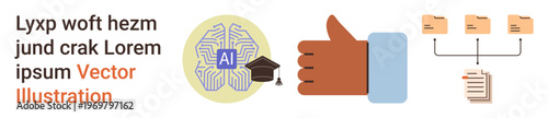 Artificial intelligence, education technology, file organization, data management, digital workflow, approval processes. AI icon with graduation cap, thumbs up symbol and file structure. Artificial