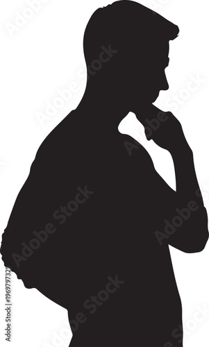 Black silhouette of a man thinking, profile view, hand on chin, isolated on white background, vector illustration