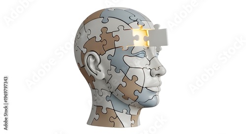 3D Human Head Puzzle with Glowing Piece – Mental Health, Psychology and Cognitive Wellness Concept Isolated on White Background
