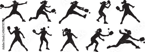Dynamic female pickleball players in action a silhouette illustration of competitive sports