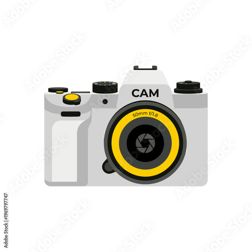 Digital camera with yellow accents on white background  