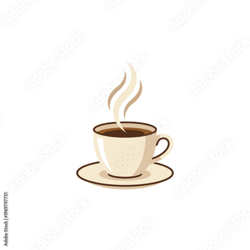 Hot coffee cup with steam on saucer in minimal design  