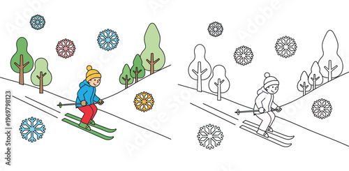 Skier Downhill Illustration and Line Art Set, Boy Skiing in Winter Forest with Snowflakes, Outline and Colored Version for Kids Coloring Page and Seasonal Sports Design