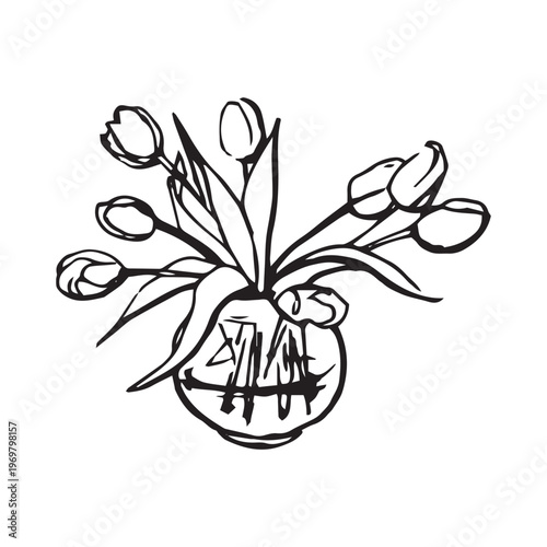 Tulips in glass vase hand drawn sketch illustration. Spring flower bouquet doodle, bold outline, black on white. Floral and botanical concept for greeting card, wedding and interior design.