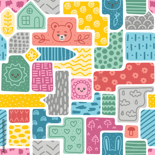Patchwork colorful seamless pattern for children with doodle ornaments. Isolated vector illustration eps 10