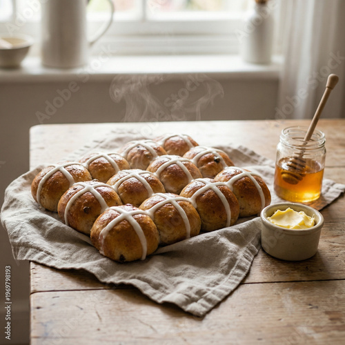 Freshly baked hot cross buns on minimalist table