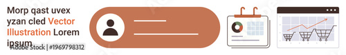 Business tools, user interface design, e-commerce, digital analytics, data management, scheduling. Profile icon next to a calendar and shopping analytics chart. Business tools and user interface