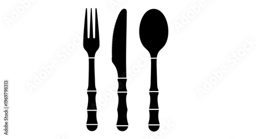 Black silhouette of fork, knife, and spoon on white background  
